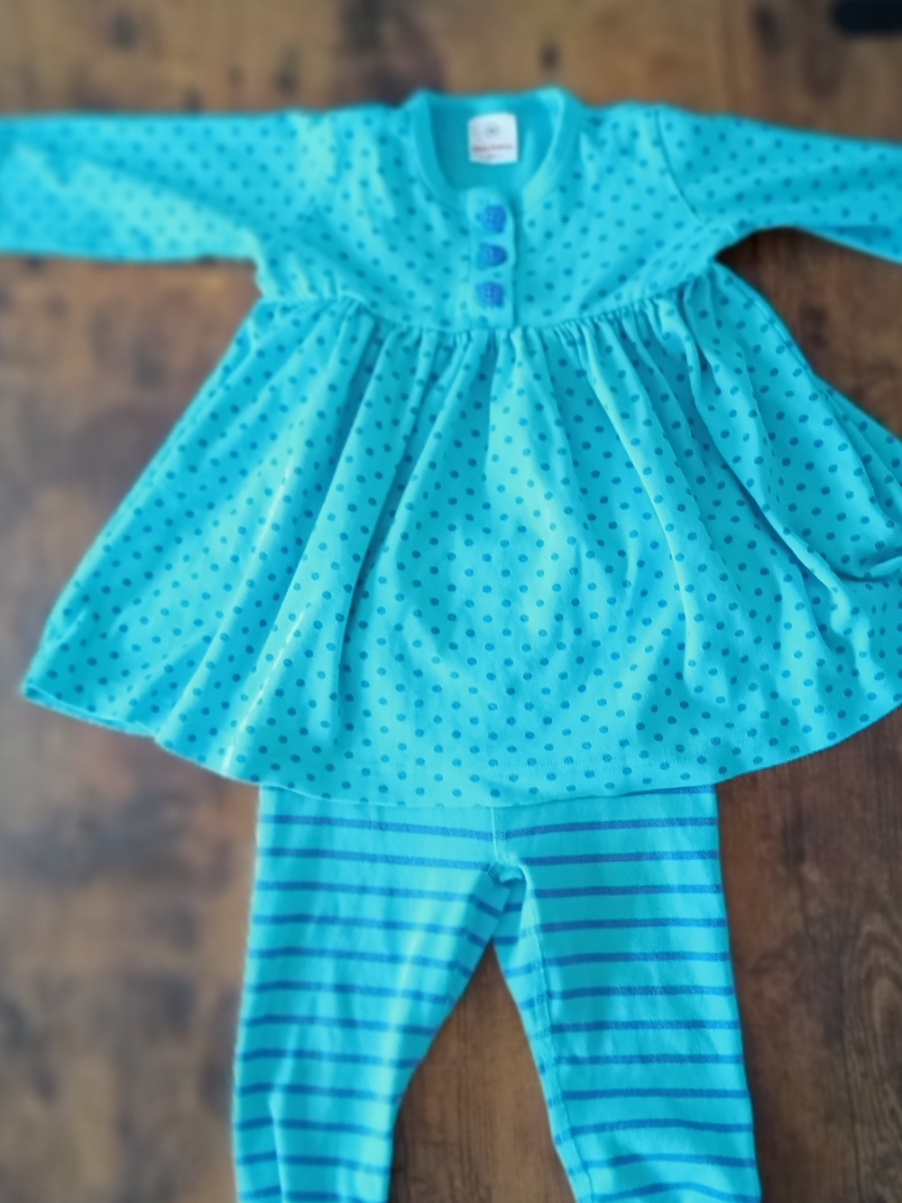 Hanna Andersson Turquoise Polka Dot Dress & Striped Leggings Pajama Set